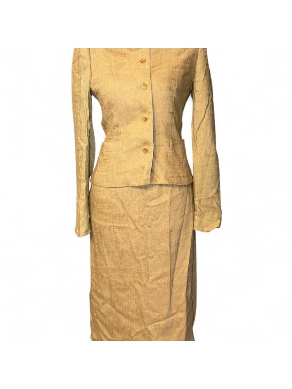 Vintage 80s Sasson Flax Rayon Blend Skirt Suit Set Neutral Tan Gold – Size 6/7